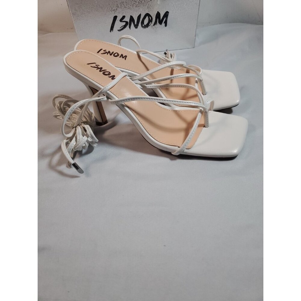 ISNOM White Women Heeled Sandals with Lace Up Strappy Ankle Size US 8 EU 38 - Picture 11 of 11